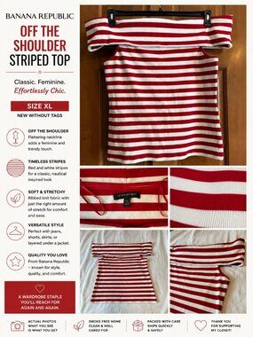 Banana Republic Off Shoulder Striped Knit Top XL Red White Ribbed Stretch Chic